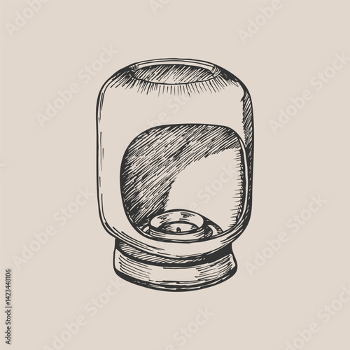 Aroma lamp drawing illustration. Aroma lamp with a burning candle sketch engraving style vector. Hand drawn line art clipart