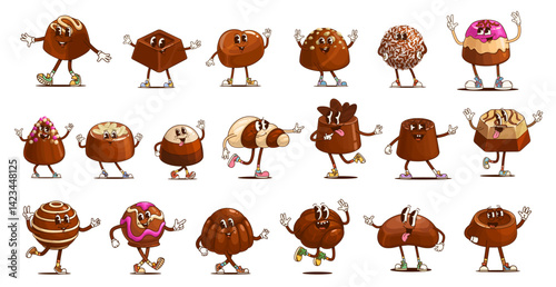 Groovy chocolate candy and sweets characters, vector retro dessert food. Cartoon psychedelic chocolate candy, praline and truffle personages. Groovy round, square, heart and seashell shaped bonbons