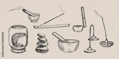 Meditation, relaxation, sound therapy elements drawing illustration set. Aroma lamp, incense stick, singing bowl, small cymbals, balance stones sketch engraving style vector. Hand drawn line clipart