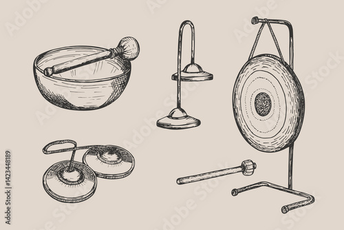 Gong with a hammer, tingsha, singing bowl, musical instrument drawing illustration. Traditional Chinese instruments sketch engraving style vector. Hand drawn line art clipart