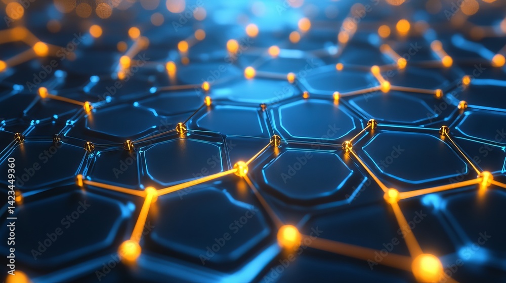 Obraz premium Abstract blue and orange hexagon network digital technology background 3d web data grid cyber lines