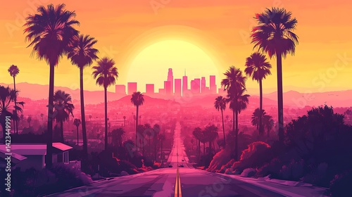 Los Angeles flat vector illustration featuring palm trees lining a road toward the skyline, minimalist style, warm sunset palette, Hollywood hills in background,