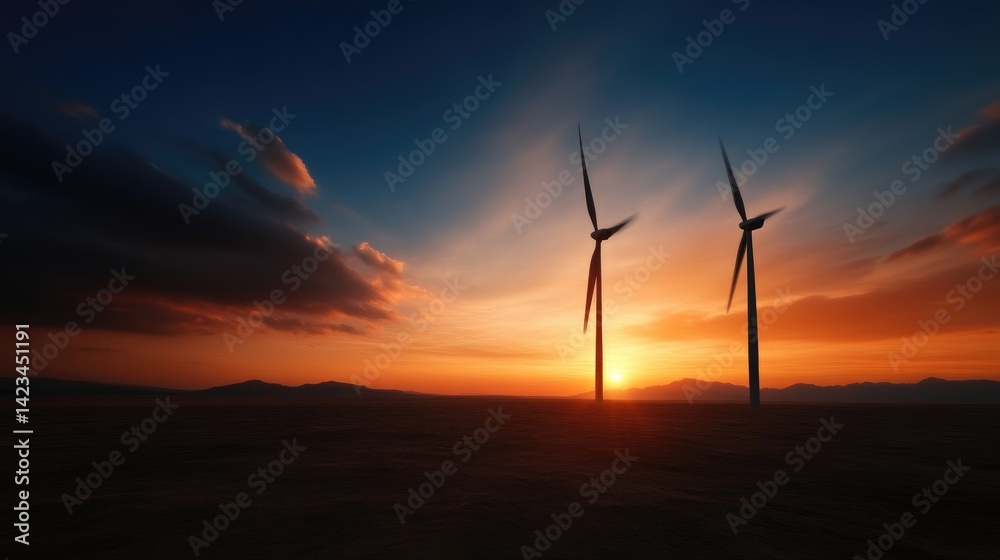 Obraz premium Two wind turbines stand silhouetted against a dramatic orange and blue sunset sky over a flat landscape.
