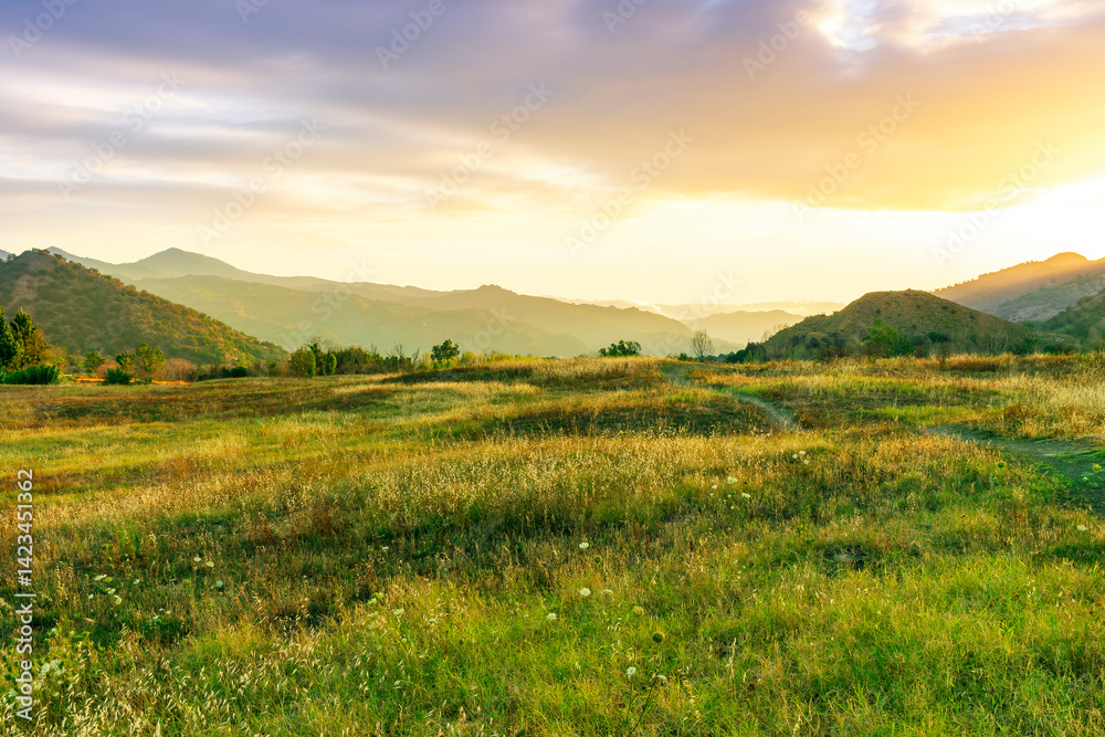 Obraz premium beautiful green valley with green fields with green spring grass with nive hills and mountains and scrnic colorful cloudy sunset on background of landscape