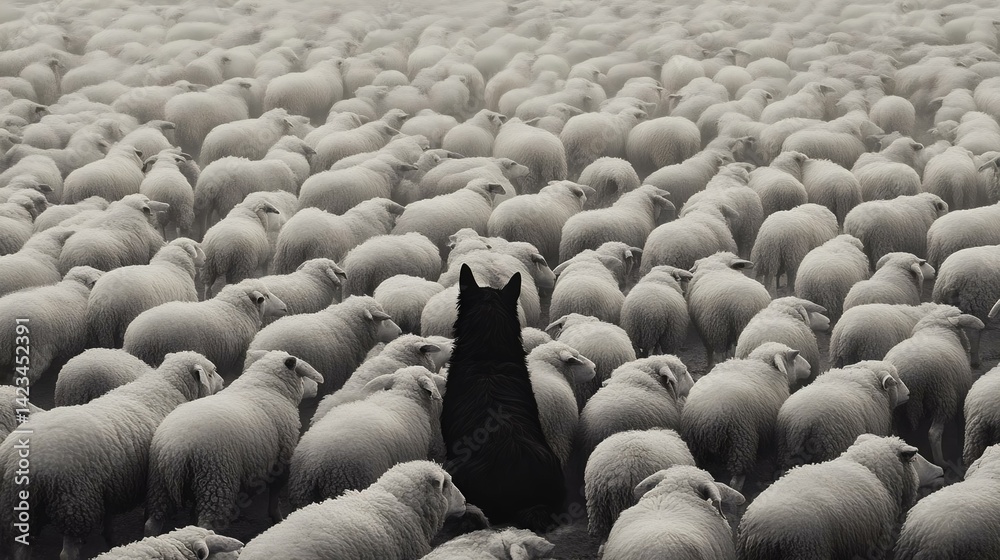 Fototapeta premium A black sheepdog stands amid a flock of sheep, creating a striking contrast. This image captures the essence of herding dogs and farm life.