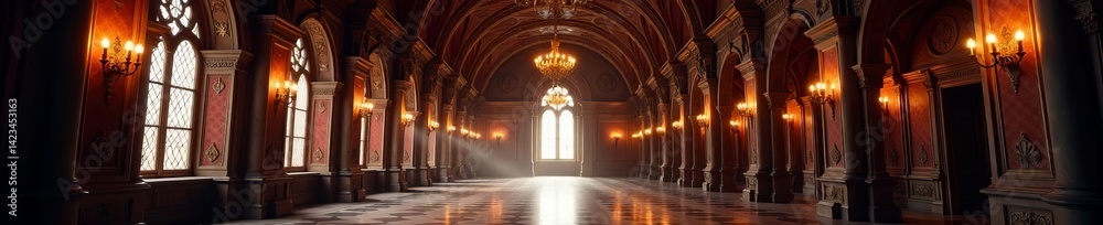 Obraz premium Enchanting castle interior with grand halls, elegant chandeliers, and rich tapestries, halls, majestic, background