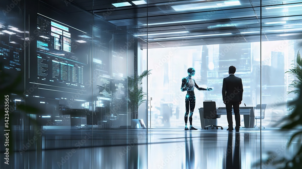 A futuristic office scene featuring a humanoid robot interacting with a businessman, showcasing advanced technology and modern architecture. A futuristic office scene featuring a humanoid robot interacting with a businessman, showcasing advanced technology and modern architecture.