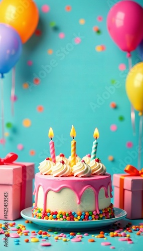 Festive birthday background with colorful cake, presents, balloons, and confetti, decorations, celebration, festive