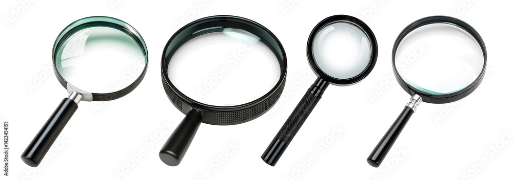 Set of black magnifying glasses, isolated on transparent cutout background Set of black magnifying glasses, isolated on transparent cutout background