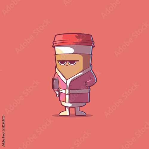 A Grumpy Coffee Character in a robe holding a newspaper vector illustration. Energy, mascot design concept