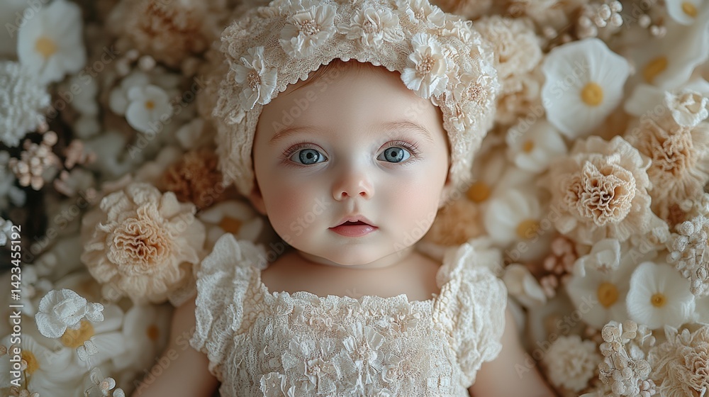 Charming infant surrounded by delicate floral arrangements with dreamy eyes Charming infant surrounded by delicate floral arrangements with dreamy eyes