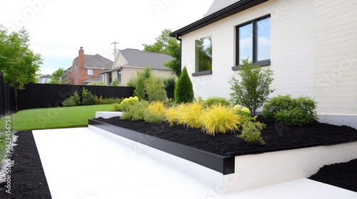 Modern landscaped garden with raised black soil bed featuring vibrant yellow and green shrubs, white concrete platform, suburban home exterior, and sunny day.