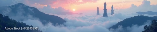 Fantasy landscape with tall towers engulfed in fog, fog, fantasy, anime