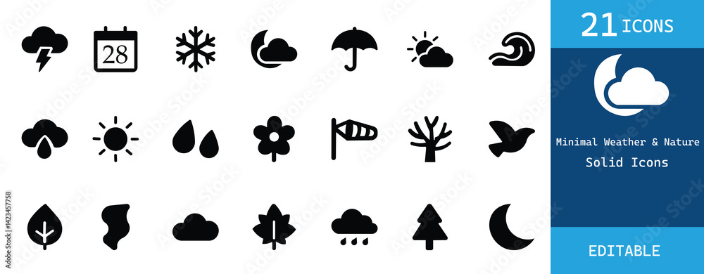 Fototapeta premium A collection of 21 minimal solid black weather and nature icons. Perfect for forecasts, apps, web design, and eco projects. Clean, editable, and professional vector graphics