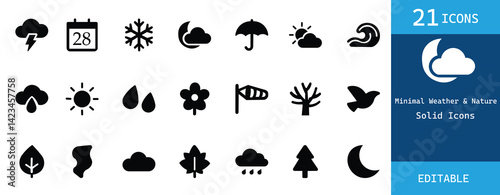 A collection of 21 minimal solid black weather and nature icons. Perfect for forecasts, apps, web design, and eco projects. Clean, editable, and professional vector graphics