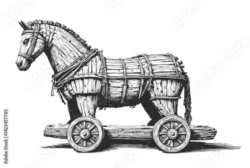 Trojan sketch engraving vector illustration. line drawing Horse wooden figure. Scratch board style imitation. Hand drawn image.