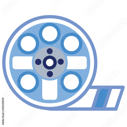 "A simple flat icon of a film reel with some film strip extended, blue color scheme, outlined design, transparent background."