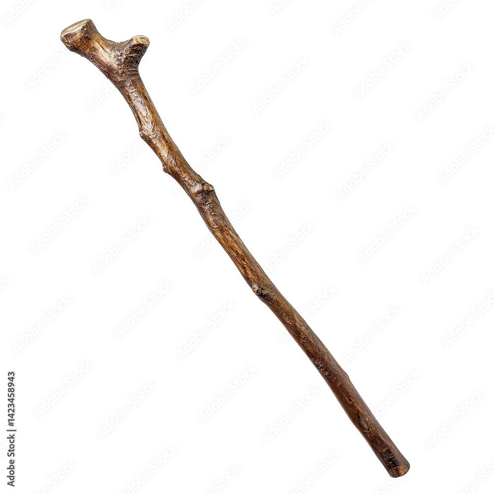 Obraz premium Rustic wooden walking stick, isolated on transparent cutout