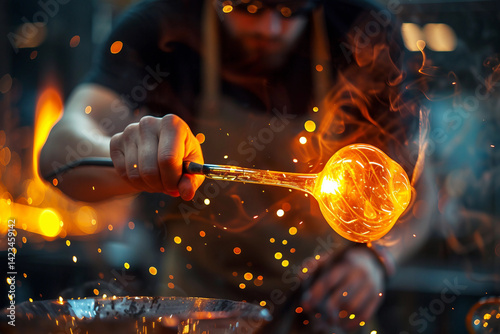 Glass Blowing in Factory with Molten Glass in Artisan Process, Generative AI