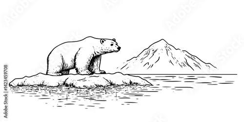 polar bear standing on a large ice floe sketch in doodle vector black style