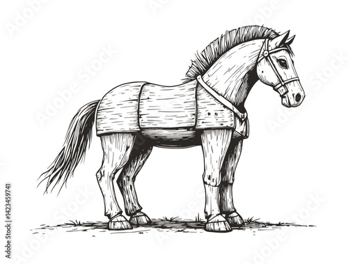 Trojan horse sketch engraving vector illustration. line drawing Horse wooden figure. Scratch board style imitation. Hand drawn image.