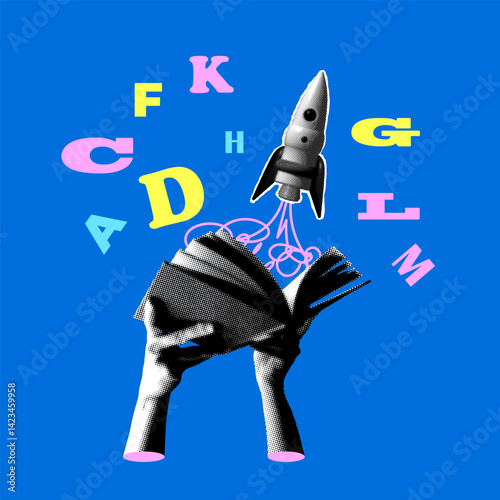 Concept of imagination and creativity. Halftone rocket launches from book. Modern collage. Theme of knowledge, education. Idea for business startup. Concepts of literature, writing, journalism