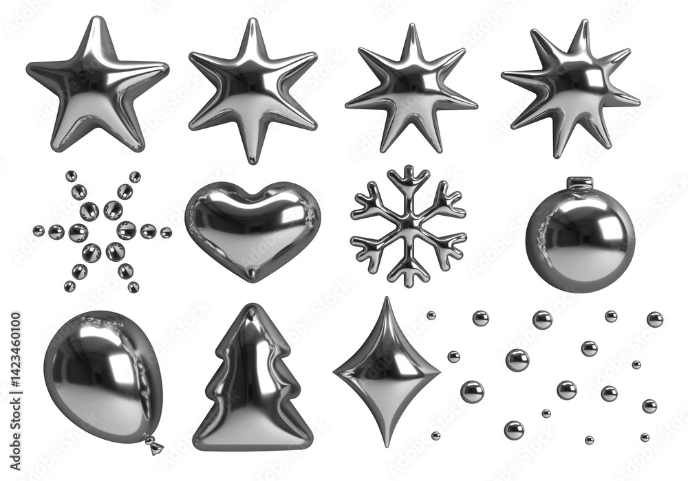Obraz premium Set of silver stars, snowflakes, Christmas ball, balloon, heart. Collection of 3D chrome Christmas design elements isolated on background