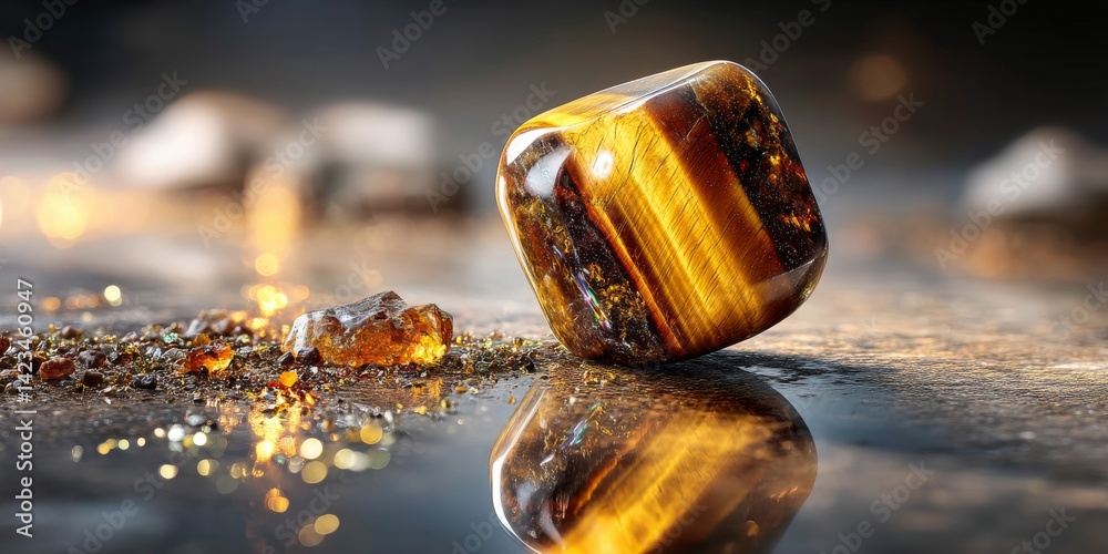 Polished tiger eye gemstone reflecting on wet surface with golden particles Polished tiger eye gemstone reflecting on wet surface with golden particles