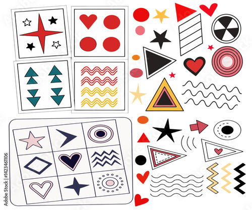 Modern basic shapes set: star, arrow, triangle, circle, heart, zigzag, spiral, wavy lines.