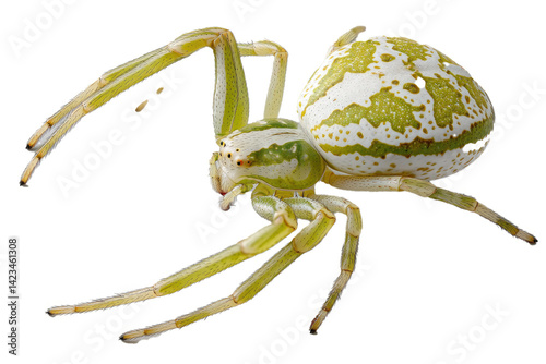 crab spider, camouflage coloration, flattened body, sideways posture, clean 