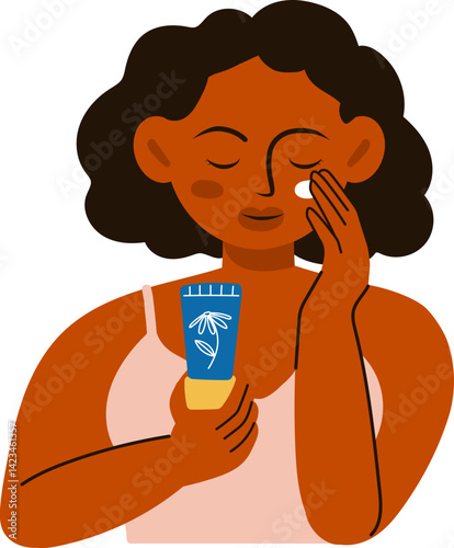 Woman applying sunblock or sunscreen. Sun protection concept. .Sun Cream. Skin and Body Care.