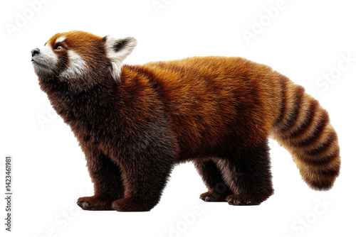 curious red panda looking upwards, bushy tail, vibrant fur, perfectly centered and fully isolated on a plain 