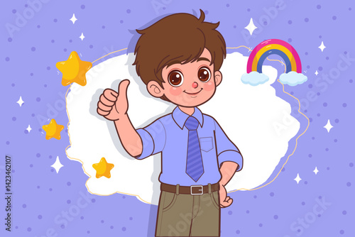 Cartoon boy isolated smiling and raising thumb up. Hand drawn style. Vector drawing.