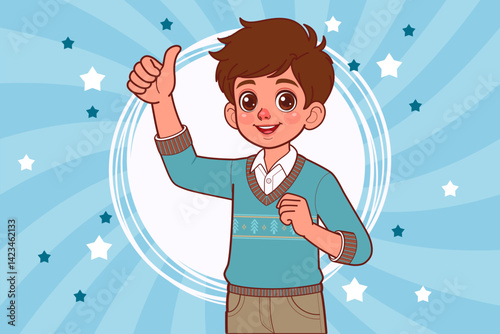 Cartoon boy isolated smiling and raising thumb up. Hand drawn style. Vector drawing.