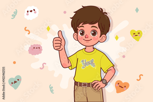 Cartoon boy isolated smiling and raising thumb up. Hand drawn style. Vector drawing.