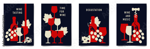 Set of minimalist wine tasting poster design. Flat vector illustration. Bottles of wine, glasses, grape and cheese.	