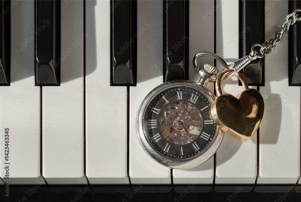 Antique pocket watch or Retro pocket watch on Piano keys background.