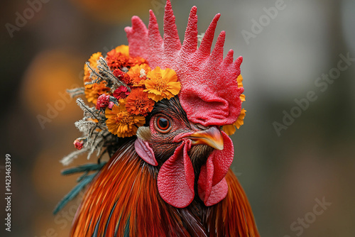 Generative AI artwork of an elegant rooster with vivid plumage and orange flowers on its crest against a dark minimal background photo