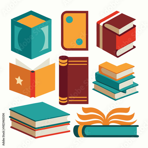 Collection of Colorful Book Illustrations and Stacks