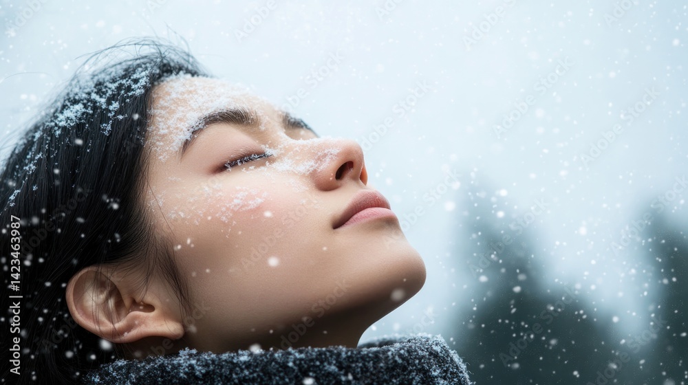 Serene woman enjoying snowfall, eyes closed, captures peaceful w Serene woman enjoying snowfall, eyes closed, captures peaceful w