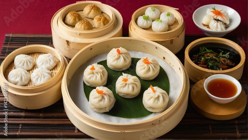 An Appetizing Display of Steamed Buns: A Tempting Presentation of Asian Cuisine, Served in Traditional Bamboo Steamers with Dipping Sauces.