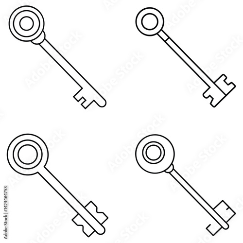 keys vector illustration, Vintage style key set element outline coloring page featuring hand drawn antique lock icons decorative line art illustration for adult creative relaxation