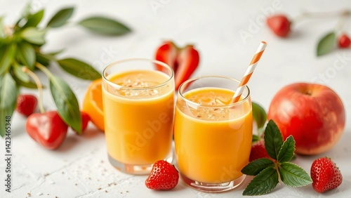 Wallpaper Mural Zwei farbenfrohe Smoothies mit  früchten stilvoll arrangiert auf weißem Hintergrund. Torontodigital.ca
