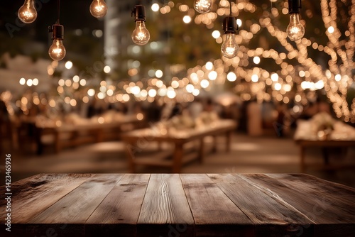 Wooden table for product placement in decorated indoor wedding or anniversary venue at night with warm bokeh string lights and ready tables