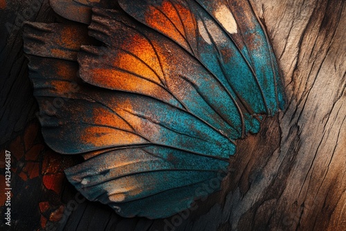 Close-up view of intricately detailed butterfly wings with teal and orange hues, resting on dark wood.