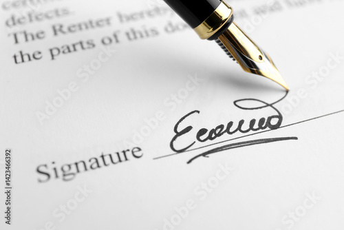 Fountain pen leaving signature on contract, closeup