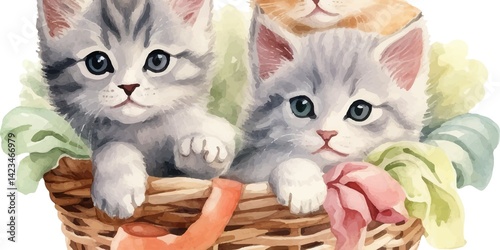 Watercolor Illustration of Cute Kittens in a Basket