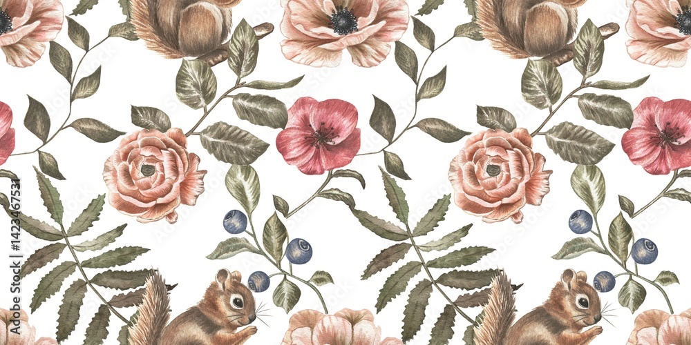 Fototapeta premium Whimsical Watercolor Pattern of Squirrels, Flowers, and Berries