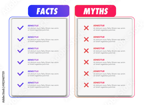 Facts vs myths vector frame template modern style isolated on white background. Fact checking or easy compare evidence 10 eps