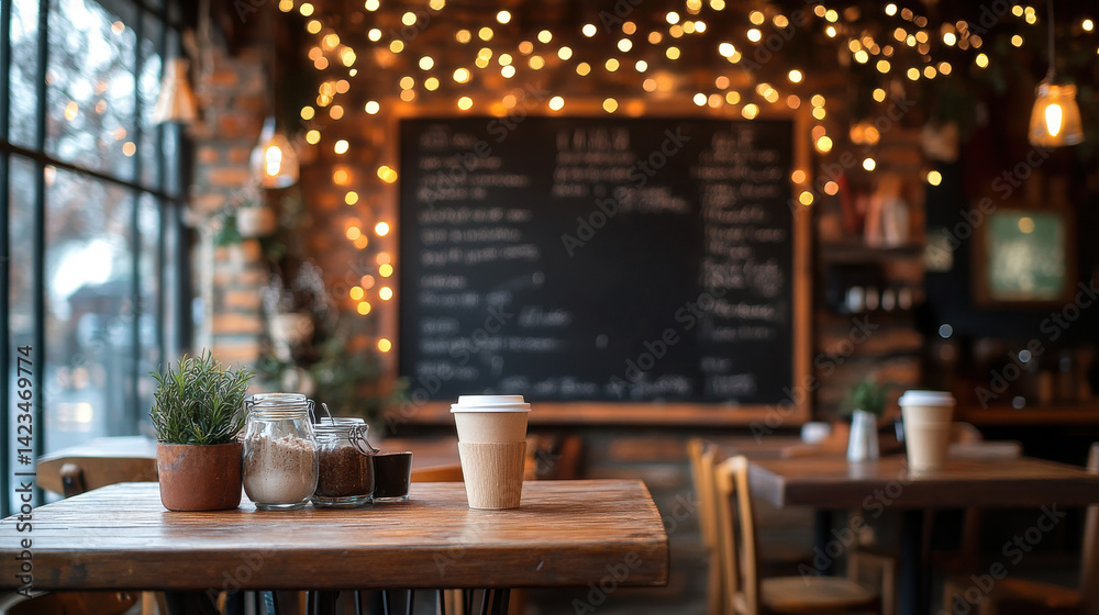 Fototapeta premium Cozy cafe interior with warm lighting, chalkboard menu, and coffee cups